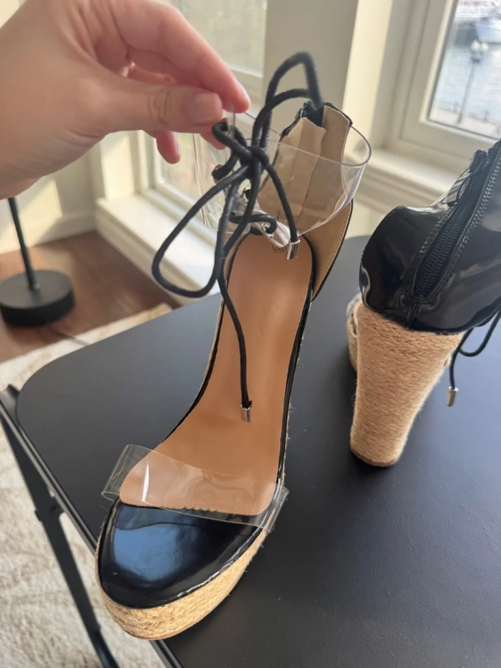 Black Clear PVC Lace-Up Espadrille Platform Wedge Sandals EU 38